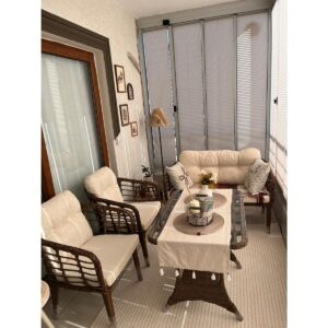 Kartepe Galvaniz Boru 2 1 1 Sehpa(60*90) Rattan Bahçe Balkon Takımı,Kahve Rattan / Krem Kumaş