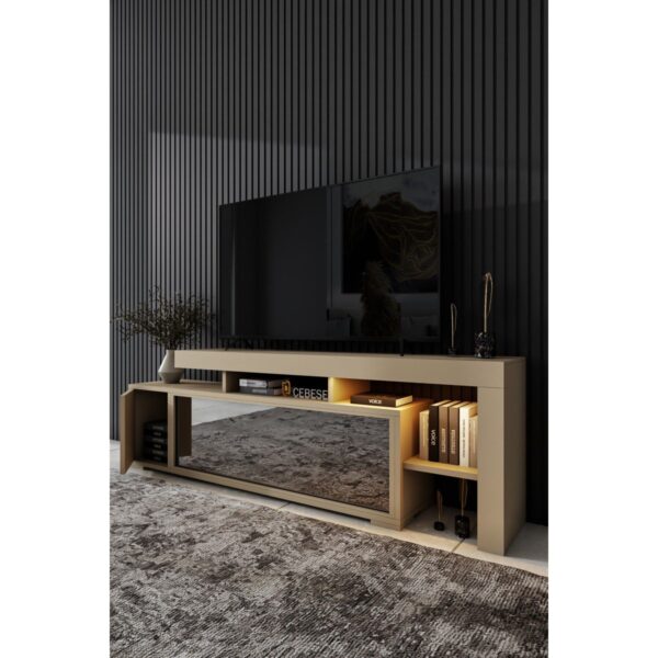 Cebese Dekoratif Elektrikli Yapay Şömine ve Tv Ünitesi 160 cm x 52 cm Kumandalı Bluetooth Ses, Sahra Rengi