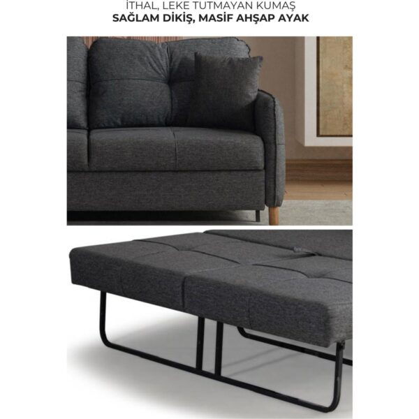 Nehir Ikili Kanepe Açılır Yataklı Çift Kişilik Yatağa Dönüşen Loveseat Kırlentli Antrasit