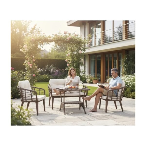 Kartepe 2 1 1 Rattan Bahçe Balkon Takımı,kahve Örgü/krem Kumaş