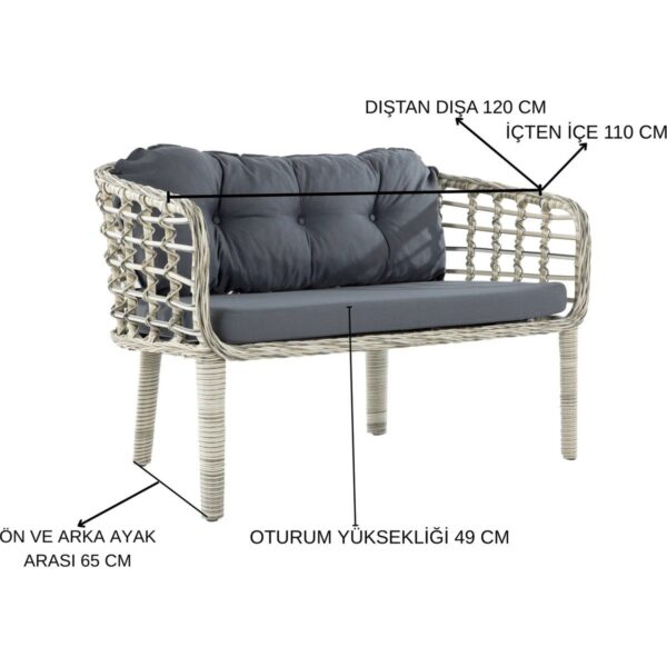 Kartepe Galvaniz Boru 2 1 1 Sehpa(60*90) Rattan Bahçe Balkon Takımı,Gri Rattan